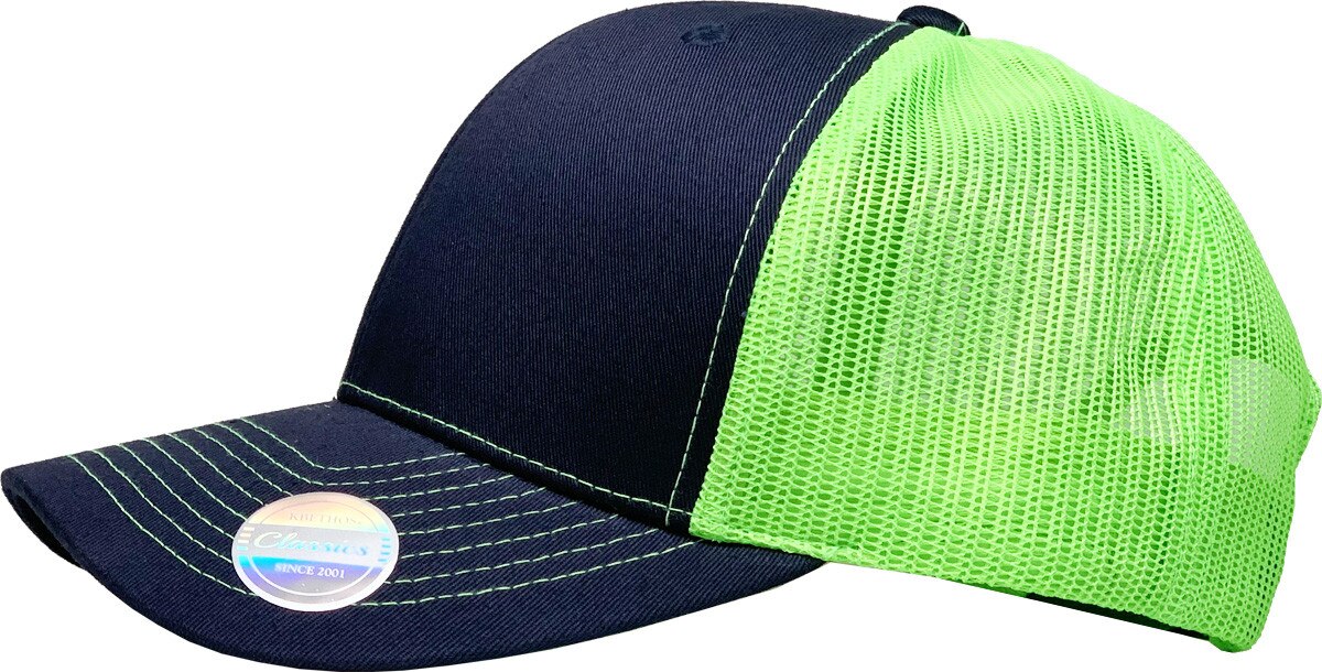 Navy Blue Neon Green Two Tone Classic 6 Panel Trucker Mesh Snapback Side View